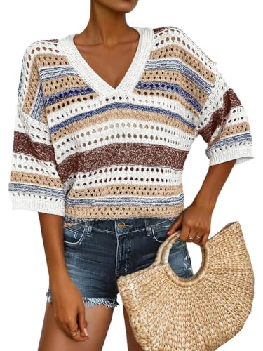 Image of Saodimallsu Womens Short Sleeve Sweaters V Neck Crochet Knit Striped Hollow Out Tops Beach Cruise Outfits