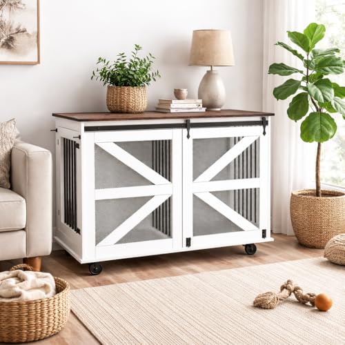 Double Dog Crate Furniture with Divider and Barn Door