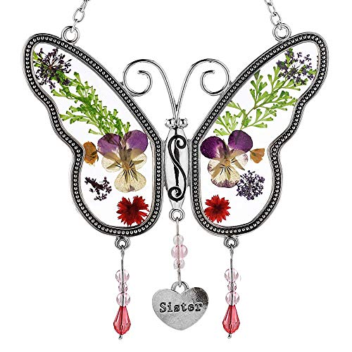 Ky&Bosam Suncatcher Butterfly Stained Glass Sister Butterfly Suncatchers Ornament Hangings For Windows Wind Chime With Pressed Flower Butterfly Embedded In Glass Mother`s Day Birthdays #TOP2