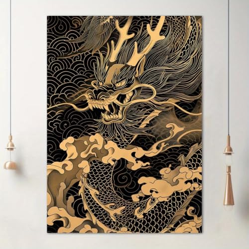 Poster dragon noir et doré avec cadre pour habiller un mur vide de bureau