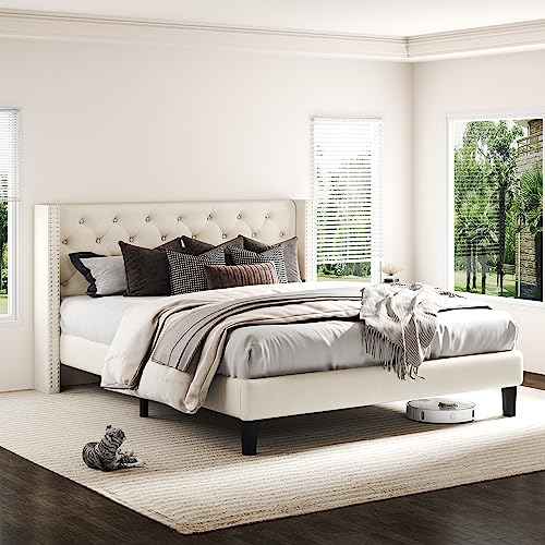 Lonkwa King Size Bed Frame with Upholstered Wingback Headboard, Beige