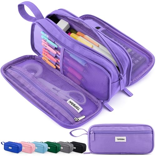Image of TOPBIDAI Large Pencil Case Pouch for Girls Boy Women Men Adults | Big Capacity Canvas Pencil Bag, Office School Supplies, Multi Compartment Zipper Stationery Pen Box(Full Purple)