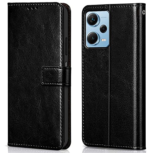 WOW IMAGINE Shock Proof Flip Cover Back Case Cover for Redmi Note 12 5G | Poco X5 5G (Flexible | Leather Finish | Card Pockets Wallet & Stand | Black)