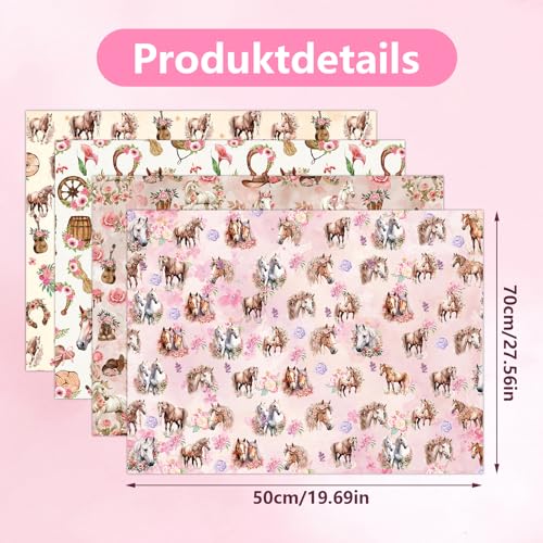 4 Bögen Pferde Geschenkpapier Weihnachten, Kinder Geburtstag mit Pferderennmotiv, Pferde Geschenk Geschenkpapier für Pferdeliebhaber Pferde Geburtstag Mädchen Jungen 50×70 cm
