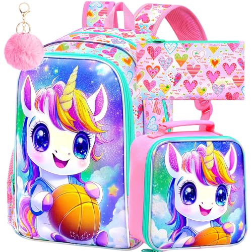 Image of 3Pcs Unicorn Backpack, 16 inch Girls School Bookbag Set with Lunch Box,Kids Backpacks for Elementary Preschool Kindergarten (Pink)