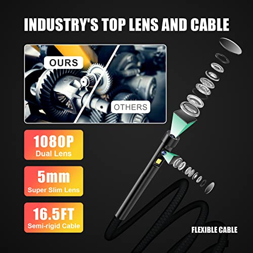 Kulemax Dual Lens Industrial Endoscope Camera, 1080P Digital Borescope Inspection Camera With Light, 4.5 Inch Digital Video, 5.5 Mm Ip67 Waterproof Scope Camera, 16.5Ft Semi-Rigid Cable, 32Gb Card #TOP1