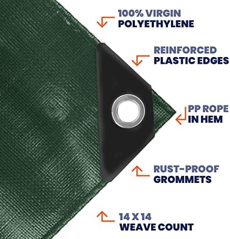 Tarpco Safety Extra Heavy Duty 14 Mil Tarp Cover, Waterproof, UV Resistant, Rip and Tear Proof, Poly Tarpaulin with Reinforced Edges for Roof, Camping, Patio, Pool, Boat (Green/Black 12′ X 12′) - 2