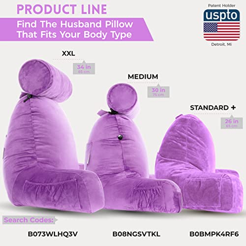 Image of Husband Pillow XXL The Original for Adults - 30 inch Tall Backrest for Sitting Up in Bed - Firm Support Reading, Bed Rest Pillow for Adults, Neck Roll, Removable Cover - TV - Light Purple