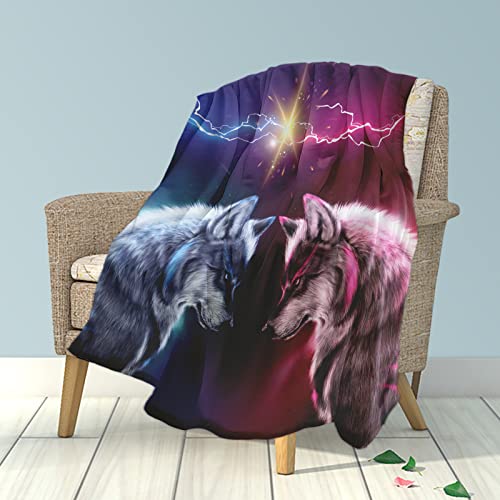 Fleece Throw Blanket 50"X60", Soft Cozy Warm Fuzzy Flannel Plush Blanket Blue Vs. Red Flash Wolf Design Lightning Wolves Blanket For Couch, Sofa, Bed, Living Room #TOP1
