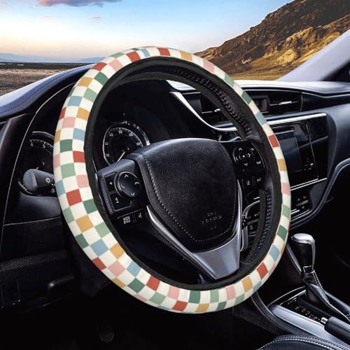 Foruidea Rainbow Checkerboard Retro Car Steering Wheel Cover Neoprene Automotive Steering Wheel Cover Anti Slip and Sweat Absorption Auto Car Wrap Cover Fit Most Cars 15 Inch