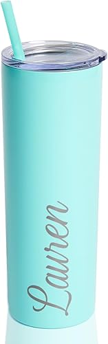 Lifetime Creations Vaso personalizado grabado con pajilla, 20 onzas, vaso de acero inoxidable aislado al vacío delgado grabado con nombre (menta)