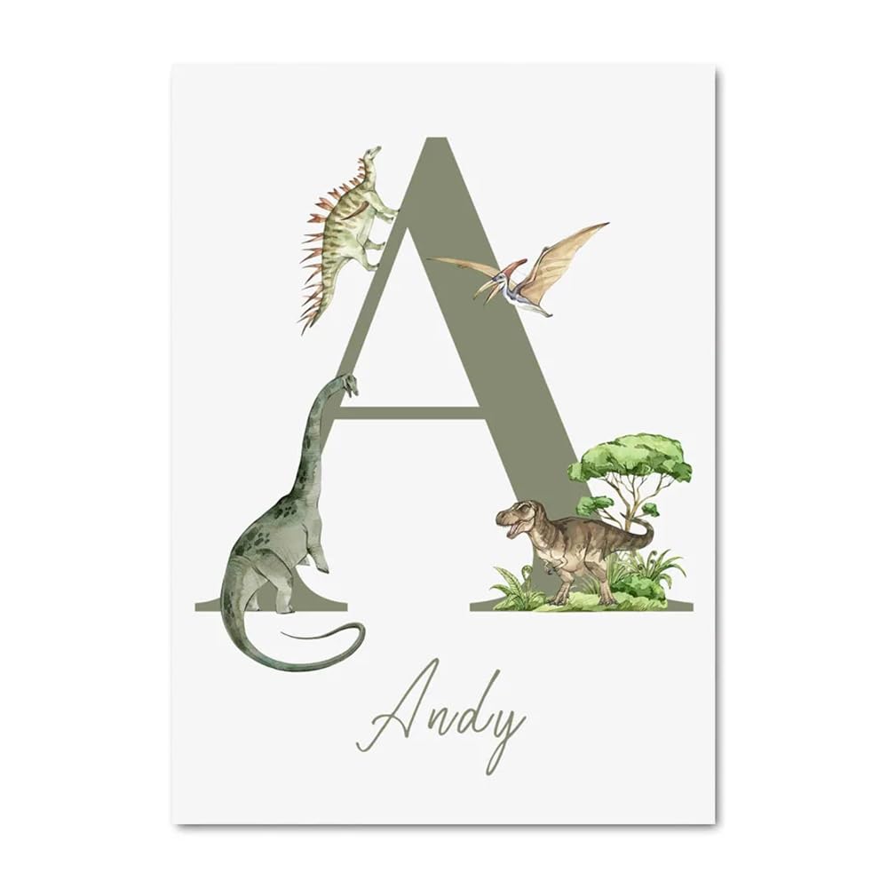 Youihom 3 Quadretti Personalizzati Bimba Stampa Nome Bambino 30 x 40 cm Quadretti Cameretta Ragazzi Quadri Dinosauri Cameretta Poster Alfabeto Bambini Verde Stampe Tela Senza Cornice
