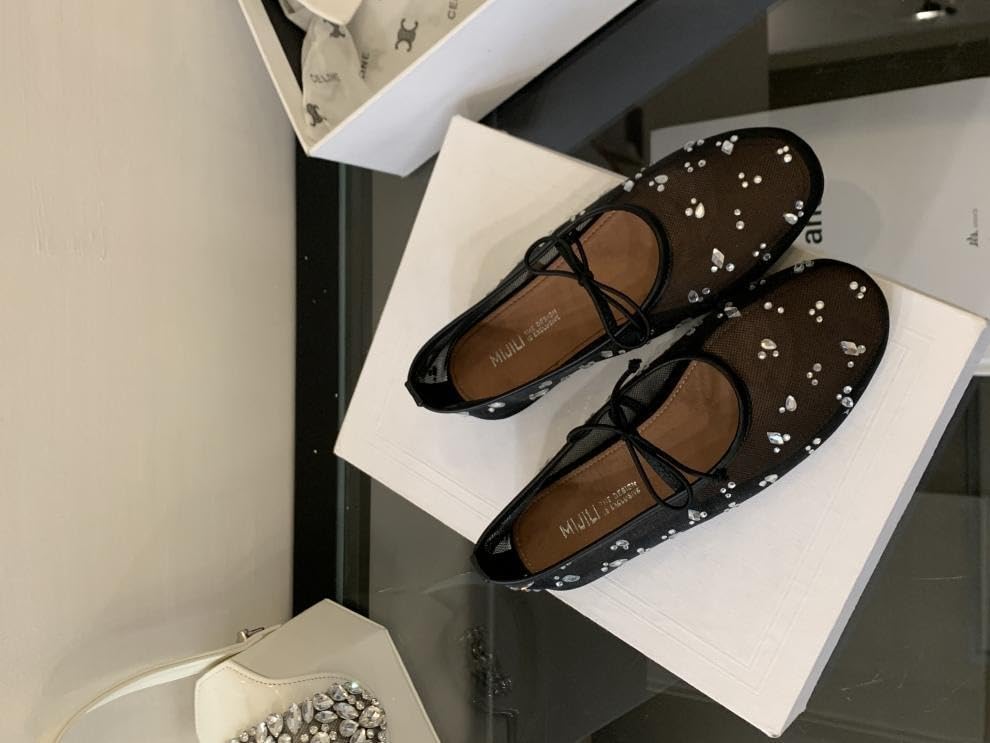 Women's Rhinestone Mesh Sheer Ballet Flats Sparkle Mary Jane Shoes Round Toe Slip On Casual Summer Dressy Wedding Party4