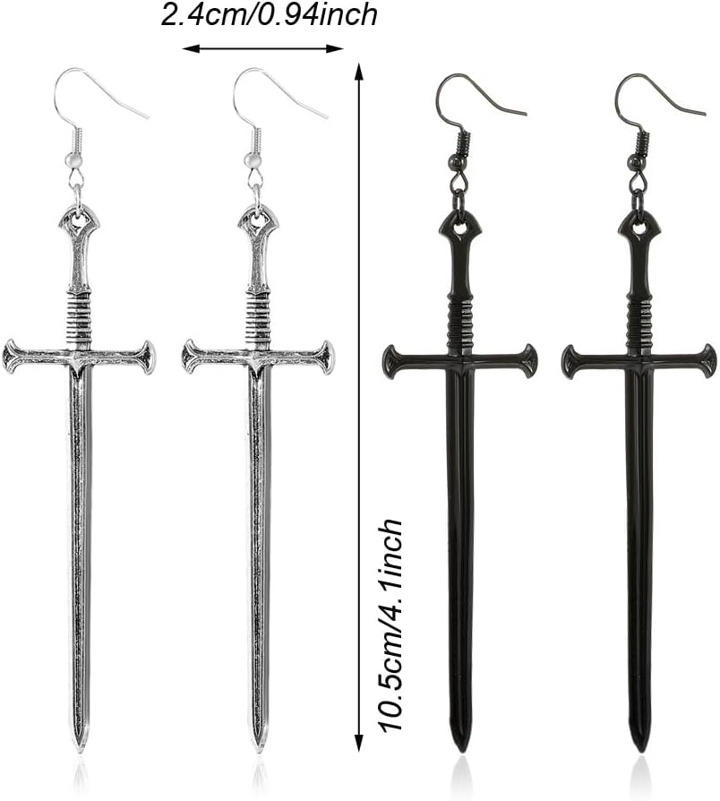2 Pairs Gothic Dagger Sword Earrings Retro Long Sword Hook Earrings Punk Knife Dangle Drop Earrings for Women - Silver Black - Image 6