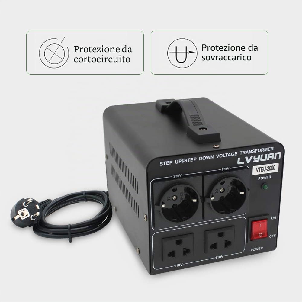 Cantonape Convertitore di tensione 2000 VA 220 V/110 V - Trasformatore elevatore/riduttore di tensione da 2000 W USA - Uscita 110/120 Volt 220/230 Volt AC