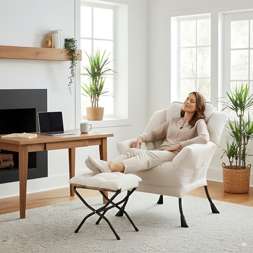 Image of LITA Lazy Chair with Ottoman, Modern Accent Leisure Upholstered Sofa, Contemporary Lounge Reading Chair with Armrests and a Side Pocket for Living Room, Bedroom & Small Space, Beige