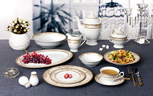 Lorren Home Trends 57 Piece 'Chloe' Bone China Dinnerware Set (Service For 8 People), Gold #TOP3