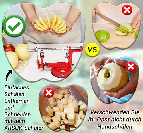 Foto von ARSUK Apfelschäler - (3 Zusätzliche Klingen) Schäler, Entkerner, Schneider, Edelstahl Klingen, Verstellbarer Schälarm, Spülmaschinenfest Obstschäler, Ideal für Äpfel, Birnen und Kartoffeln