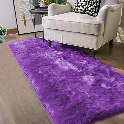 Latepis Washable Runners 2x6 Fluffy Shaggy Rug Purple Faux Sheepskin Fur Rug Small Soft Furry Rugs for Living Room Bedroom Sofa Cute Room Decor Runner