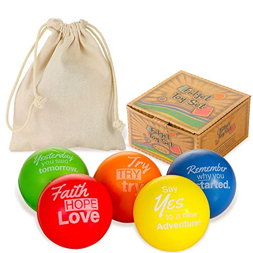 Fidget Sensory Toy Stress Balls with Motivational Quotes for Kids, Teens, and Adults, 5 Pack Anxiety and Stress Relief Squeeze Balls Set for Hand Therapy, Relaxation, Inspiration, and Motivation