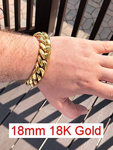 Harlembling Men's Miami Cuban Bracelet - 8-18Mm - Iced Out Men's Heavy Cuban Link - 14K 18K Yellow Or Rose Gold Over Stainless Steel - Never Changes Color - (8.5, 14Mm 14K Gold) #TOP5