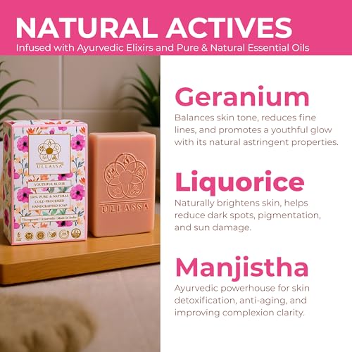 Image of Aromatherapy Anti-Aging & Skin Brightening Soap | Geranium, Manjistha & Liquorice | Paraben & SLS Free Luxury Ayurvedic Natural Bar, Grade 1 BIS | Face & Body (Pack of 1)