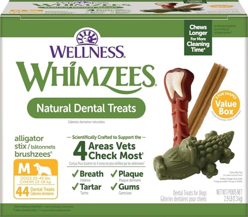 Wellness WHIMZEES Value Pack Natural Dog Dental Treat, Chews, Freshens Breath, Medium Size, 46.6 oz...