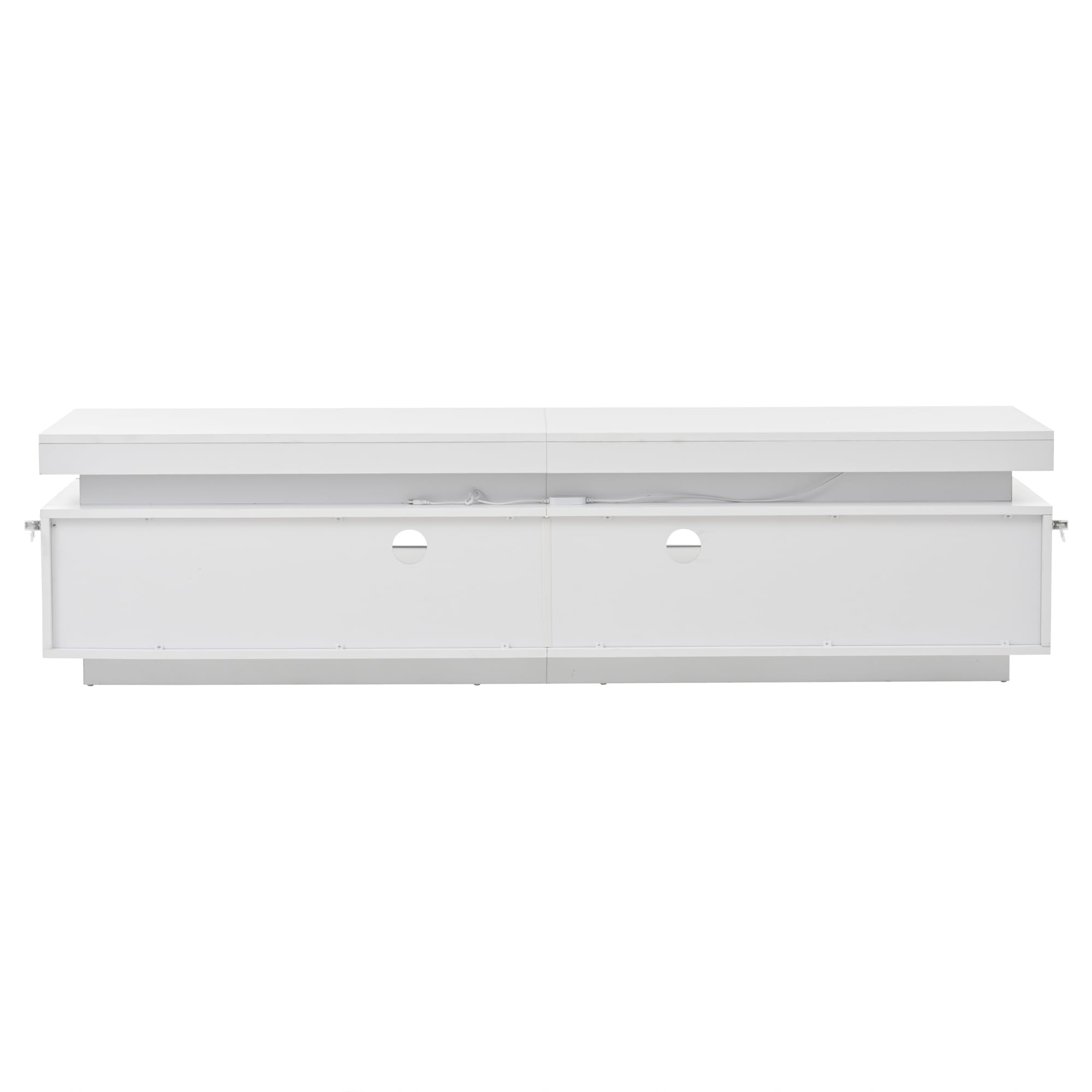 Meuble TV à Haute luminosité avec LED Portes tiroir Panneau Bas pour TV Jusqu’à 75 Pouces Meubles de Base avec Espace de Rangement Semi-Ouvert pour Le Salon Table d’Armoire TV Blanc