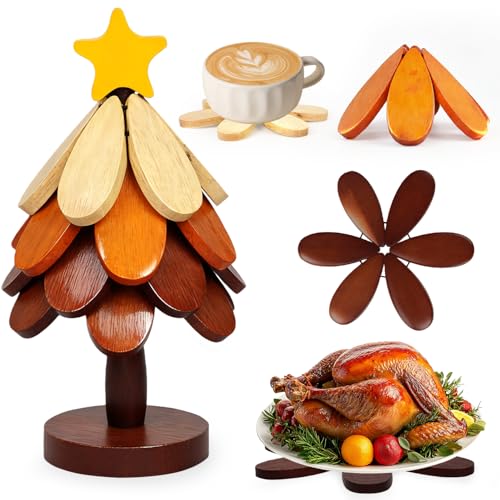 KYNTORA Wooden Tree Trivets for Hot Dishes - Set of 4 with Stand, Natural Foldable Kitchen Trivets for Pots, Pans, Bowls & Teapots (Star) by Kyntora - Used condition - US$7.10