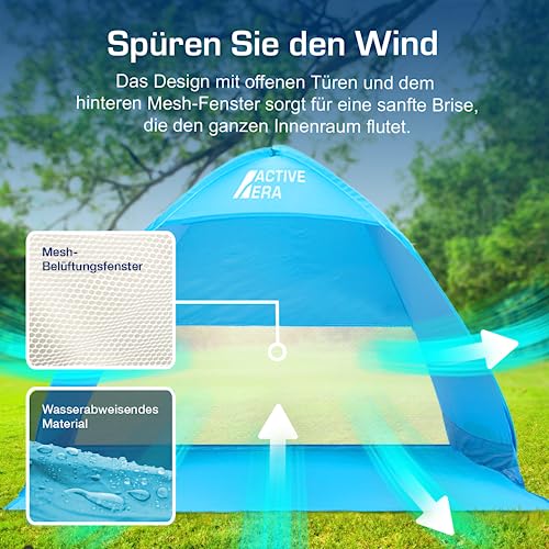 Active Era Pop Up Strandmuschel mit UV Schutz, UPF 50+ Strandzelt, Windschutz Strand, Zelt für 2-3 Personen inkl. Tragetasche und Heringe - Blau
