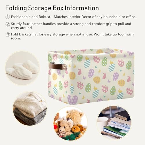 Image of Easter Eggs Cute Storage Basket with Waterproof Liner and PU Handles Happy Easter Day Bunny Rabbit Butterfly Storage Bins Boxes 14.2 inch Collapsible Decorative Organizer Baskets for Bedroom Closet 1 Pack