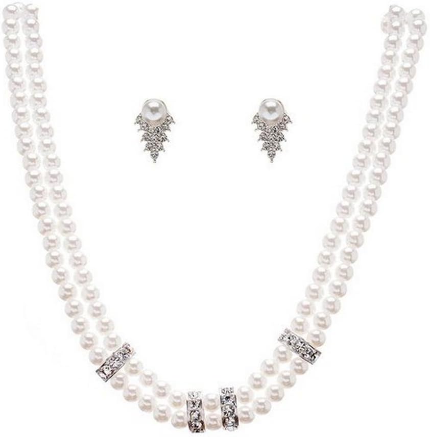 Fabulous Vintage Bridal Two Line White Pearl Necklace Earring Set W Silver Tone CD2