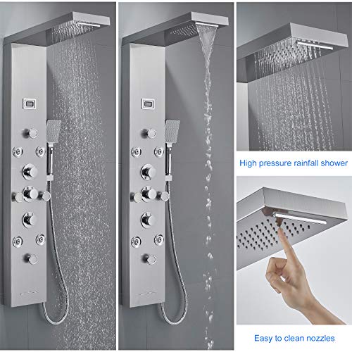 Rovogo 4 Body Jets And 4 Mist Spray Shower Panel, Rainfall Waterfall Shower Column Tower With Handheld, Tub Spout And Water Temperature Display, 304 Stainless Steel Shower Panel Brushed #TOP3