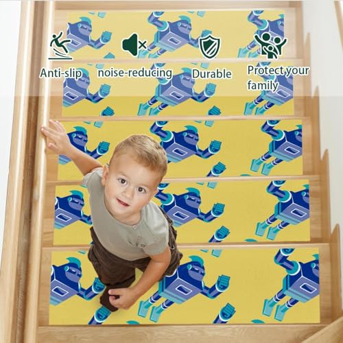 Tapis d'escalier antidérapants marches bois motif robot enfant et chien 20x76