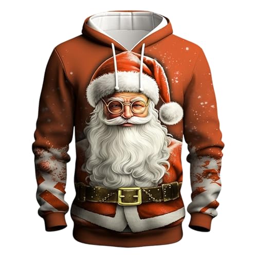 Mens Christmas Santa Claus Pullover Hoodie 3D Novelty Fashion Holiday Long Sleeves Hooded Sweatshirts with Pockets Orange
