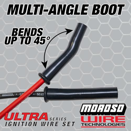 Image of Moroso 52038 IGNITION SPARK PLUG WIRE SET, ULTRA 350, 8MM, MULTI ANGLE BOOT, RED, GM, CHEVY, BBC, 366-454, HEI STYLE WITH COIL IN CAP, OVER HEADER /VALVE COVER, Replaces 5567