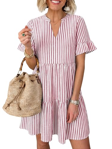 Image of Caracilia Dresses for Women Summer 2026 Striped V Neck Ruffle Sleeve A Line Tiered Flowy Casual Mini Beach Dress with Pockets