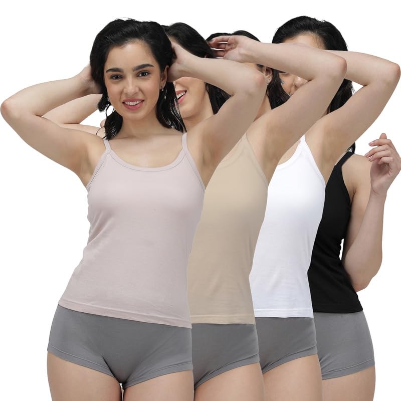 Women's Pure Cotton Camisole with Fabric Strap and Stay Fresh Treatment Pack of 4