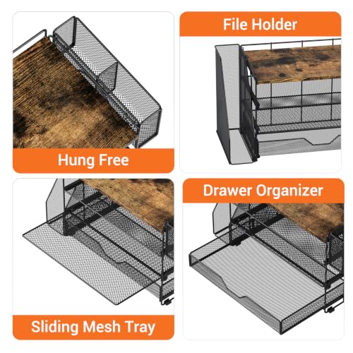 Image of OPNICE Desk Organizers and Accessories, 4-Tier Desktop File Organizer with Drawer and Pen Holders, Office Desk Accessories Workspace Organizers for Office Supplies (Brown)
