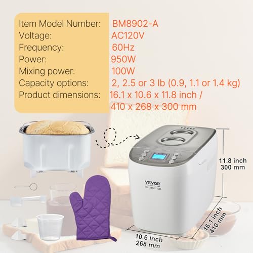 Image of VEVOR Bread Maker, Dough Machine 15 Menus in 1, Non-Stick Ceramic Pan Automatic Breadmaker with Non-Gluten Setting, Whole Wheat Bread Making, Digital, Programmable, 3 Loaf Sizes, 3 Crust Colors, White