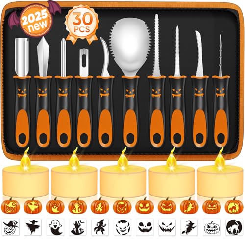 Halloween Pumpkin Carving Kit with Stencils: 30 PCS Professional Pumpkin Carving Tools - Heavy Duty Pumpkin Carving Knife, Safety Stainless Steel Jack-O-Lanterns Pumpkin Carving Set for Kids Adults