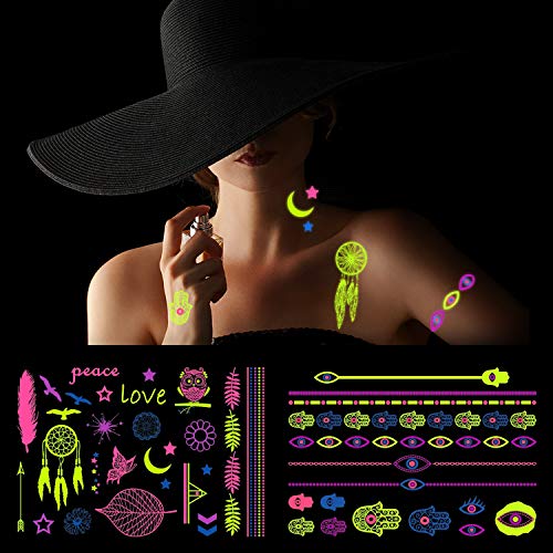 Howaf 8 Large Sheets Neon Temporary Tattoos, 100+ Shimmer Designs Glow Uv Neon Body Face Skin Tattoo Wolf Jewellery Tattoos Flash Fake Waterproof Tattoo Stickers For Women Men Girls Body Art #TOP3