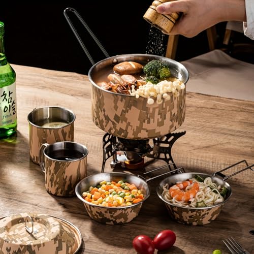 Set de Cocina para Camping Pardarsey 5PCS Camuflaje, Acero Inoxidable Portátil Exterior con Olla, Sartenes y Tazas, Mangos Plegables para Senderismo, Camping y Picnics