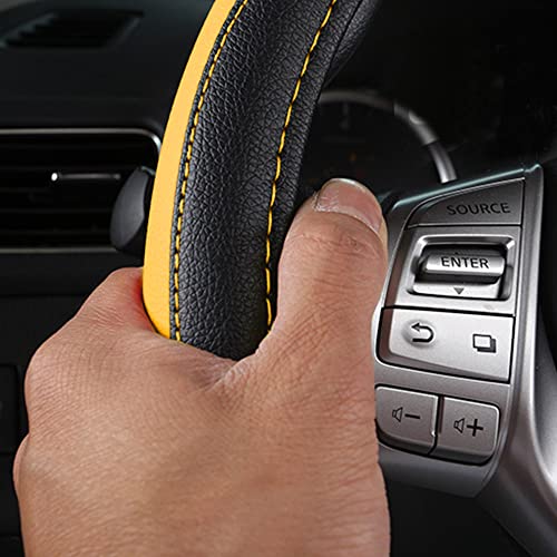 Image of Leather Car Steering Wheel Cover, Non-Slip Car Wheel Cover Protector Breathable Microfiber Leather Universal Fit for Most Cars (Black&Yellow)