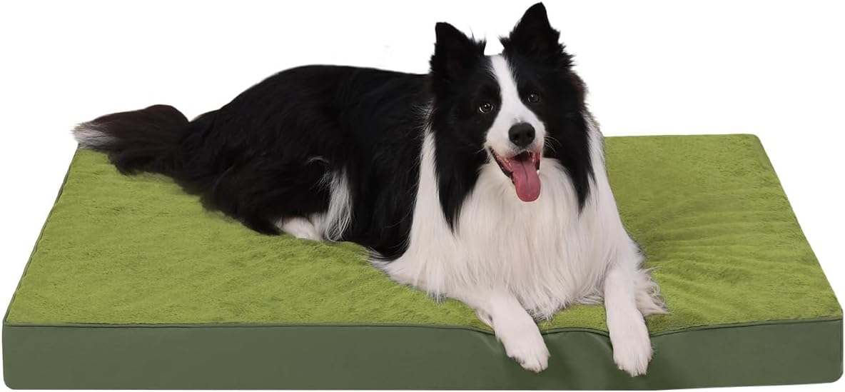 KSIIA Orthopedic Dog Bed Crate Waterproof Pet Mats for Extra Large Dogs Deluxe Plush Washable Pet Bed with Egg Crate Foam & Removable Cover, 47 x 29 Inch, Green