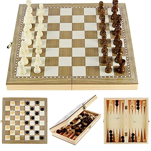 Excefore Wooden Chess Set 3-in-1 Folding Portable Chess Board Game Set and Checkers Backgammon Interior Storage Travel Chess Set for Adults Teens 11.8inche