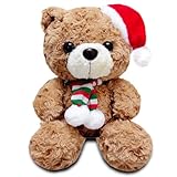 NuomiYue Brown Teddy Bear Stuffed Animal, 9.84' Cute Stuffed Animals Plush Toy with Christmas Hat, Soft and Huggable Teddy Bear Plush Toys for Girls and Boys, Decorations, Party Favors
