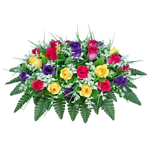LVXINLI Artificial Cemetery Flowers Saddle-Shaped Tombstone Decorations Non-Fading UV-Resistant（Yellow+Purple+Brilliant Red Saddle）