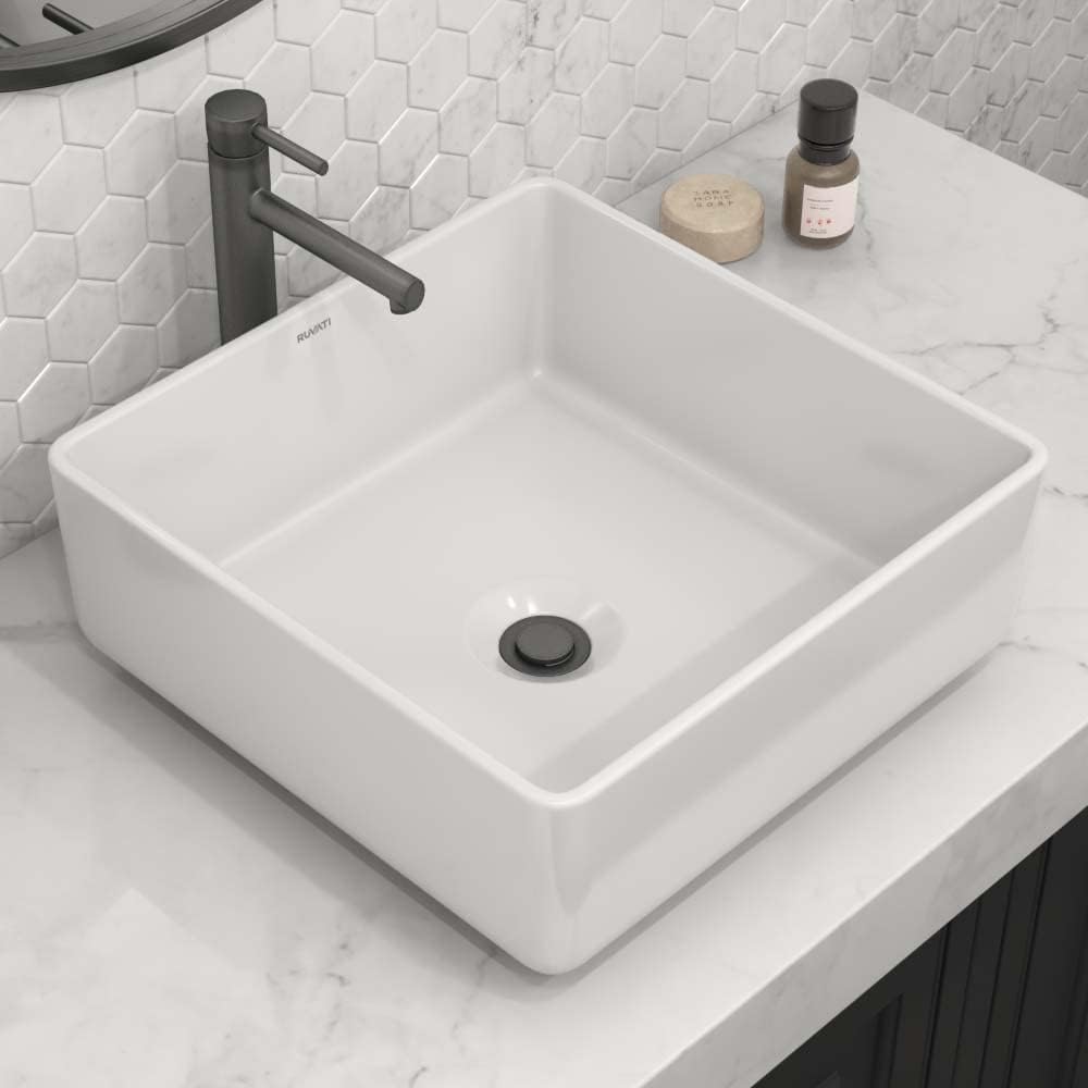 Ruvati 15 x 15 inch Bathroom Vessel Sink - White Rectangular Above Counter Porcelain Ceramic - Small Vessel Sink for Bathrooms - RVB1616