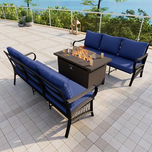 Image of Outdoor Furniture Set, Patio Conversation Set Include 2 x 3-Seater and Fire Pit Table for Deck, Porch, Garden, Backyard, Poolside (Blue, 3-Piece)